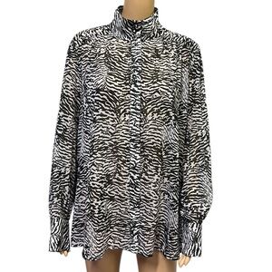 Nine West Zebra Print High Collar Button Up Long Sleeve Semi Sheer Blouse XXL